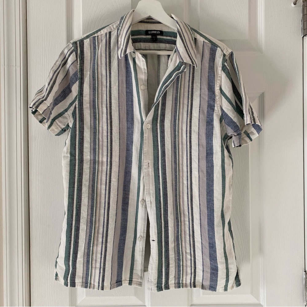 Express linen/cotton striped short-sleeve button-down shirt men's size M